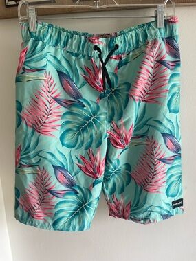 Hurley Boys Teal Tropical Floral Swim Shorts with Pink Accents